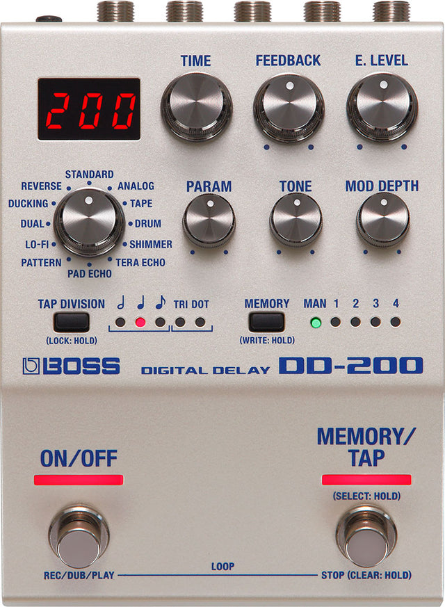 The image shows a BOSS DD-200 Digital Delay guitar effects pedal with a digital display, six control knobs (TIME, FEEDBACK, E. LEVEL, PARAM, TONE, MOD DEPTH), multiple delay modes, tap division, and memory presets. It features ON/OFF and MEMORY/TAP footswitches, loop controls, and five 1/4" input/output jacks. This premium pedal offers versatile delay effects and extensive parameter control.