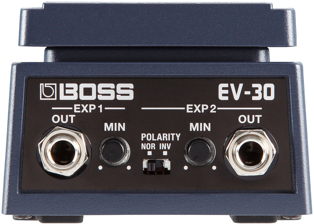 The image shows a BOSS EV-30 Dual Expression Pedal, featuring two independent expression outputs with 1/4" TRS jacks, individual minimum level controls, and a polarity switch for sweep direction. It has a sturdy metal build with BOSS’s blue/gray finish. Used with synths, guitar effects, and mixers, it allows simultaneous control of two parameters with one pedal.