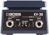 The image shows a BOSS EV-30 Dual Expression Pedal, featuring two independent expression outputs with 1/4" TRS jacks, individual minimum level controls, and a polarity switch for sweep direction. It has a sturdy metal build with BOSS’s blue/gray finish. Used with synths, guitar effects, and mixers, it allows simultaneous control of two parameters with one pedal.