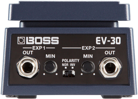 The image shows a BOSS EV-30 Dual Expression Pedal, featuring two independent expression outputs with 1/4" TRS jacks, individual minimum level controls, and a polarity switch for sweep direction. It has a sturdy metal build with BOSS’s blue/gray finish. Used with synths, guitar effects, and mixers, it allows simultaneous control of two parameters with one pedal.