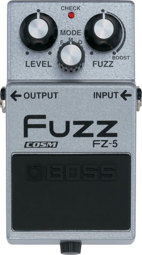 The image shows a Boss FZ-5 Fuzz guitar effects pedal, a compact stompbox with three knobs: Level, Fuzz, and Mode selector (F-V-O). It features a red LED indicator, 1/4" input/output jacks, and Boss branding. Designed to emulate classic 1960s-70s vintage fuzz tones, it produces heavily distorted sounds popular in rock and blues, activated by stepping on the footswitch at the bottom.