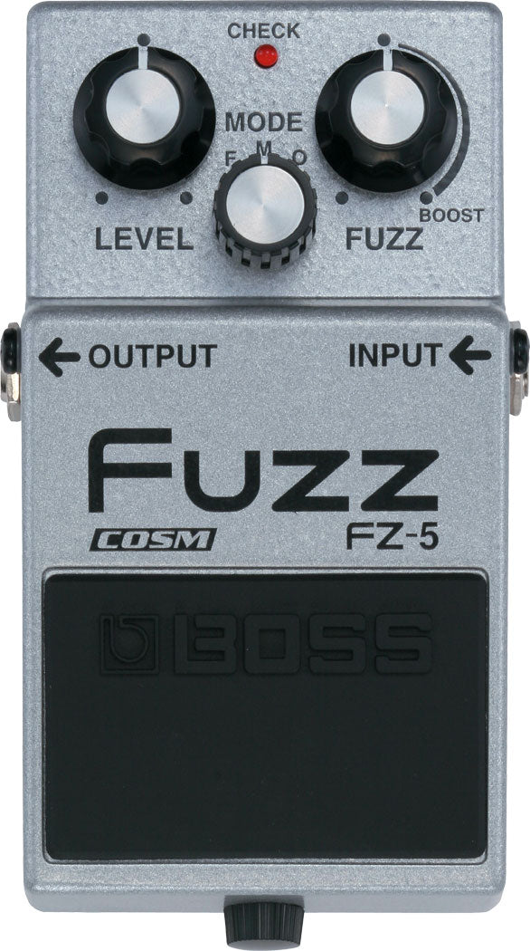 The image shows a Boss FZ-5 Fuzz guitar effects pedal, a compact stompbox with three knobs: Level, Fuzz, and Mode selector (F-V-O). It features a red LED indicator, 1/4" input/output jacks, and Boss branding. Designed to emulate classic 1960s-70s vintage fuzz tones, it produces heavily distorted sounds popular in rock and blues, activated by stepping on the footswitch at the bottom.