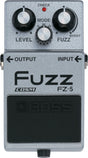 The image shows a Boss FZ-5 Fuzz guitar effects pedal, a compact stompbox with three knobs: Level, Fuzz, and Mode selector (F-V-O). It features a red LED indicator, 1/4" input/output jacks, and Boss branding. Designed to emulate classic 1960s-70s vintage fuzz tones, it produces heavily distorted sounds popular in rock and blues, activated by stepping on the footswitch at the bottom.