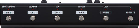 The image shows a black metal guitar effects footswitch with six chrome footswitches in a row. It includes channel controls labeled CH 1 to CH 4, effects controls for BOOSTER/MOD, DELAY/FX, TAP, REVERB, LOOP, PANEL, and EFFECTS, plus red LED indicators above each button. Connection jacks are on top for linking to amps or effects units, enabling hands-free switching during performances.