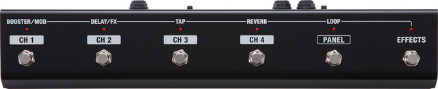 The image shows a black metal guitar effects footswitch with six chrome footswitches in a row. It includes channel controls labeled CH 1 to CH 4, effects controls for BOOSTER/MOD, DELAY/FX, TAP, REVERB, LOOP, PANEL, and EFFECTS, plus red LED indicators above each button. Connection jacks are on top for linking to amps or effects units, enabling hands-free switching during performances.