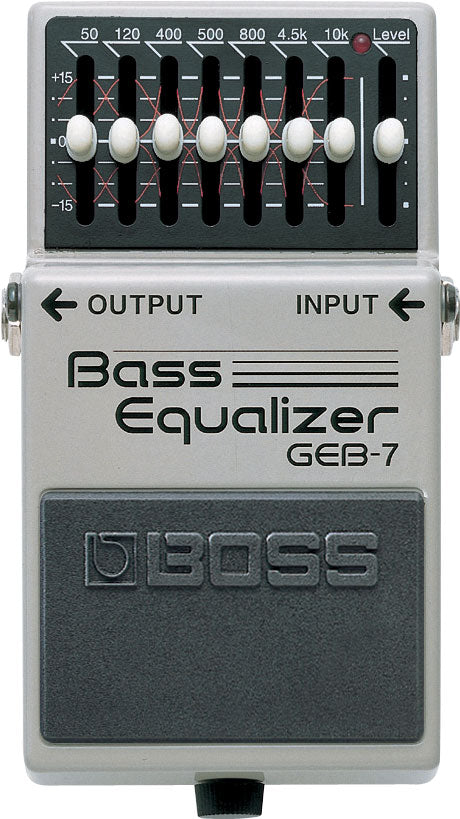 The image shows a BOSS Bass Equalizer GEB-7, a compact 7-band graphic EQ pedal for bass guitars. It features sliders for frequencies 50Hz to 10kHz, each adjustable ±15dB, a level control, and labeled input/output jacks. Designed to shape bass tone, boost or cut frequencies, and fit on pedalboards, it’s a reliable, popular choice among bass players for tone control and mix adjustment.