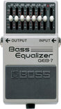 The image shows a BOSS Bass Equalizer GEB-7, a compact 7-band graphic EQ pedal for bass guitars. It features sliders for frequencies 50Hz to 10kHz, each adjustable ±15dB, a level control, and labeled input/output jacks. Designed to shape bass tone, boost or cut frequencies, and fit on pedalboards, it’s a reliable, popular choice among bass players for tone control and mix adjustment.