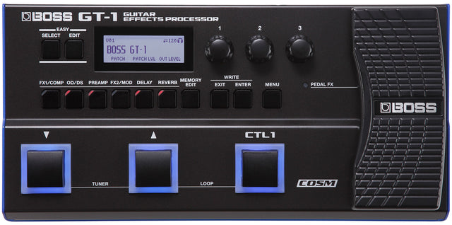 The image shows a BOSS GT-1 Guitar Effects Processor, a compact digital multi-effects pedal for electric guitars. It features an LCD display, three control knobs, Easy Select/Edit buttons, multiple effect buttons (FX1/COMP, OD/DS, PREAMP, FX2/MOD, DELAY, REVERB, MEMORY/EDIT), three footswitches with blue LEDs (including TUNER, LOOP, CTL1), an expression pedal, COSM technology branding, and a PEDAL FX indicator light.