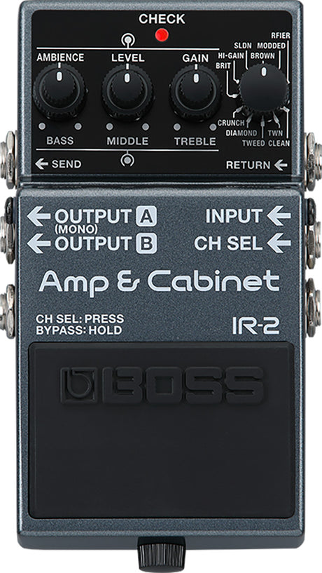 The image shows a Boss IR-2 Amp & Cabinet guitar effects pedal. This compact stompbox simulates guitar amps and speaker cabinets, featuring Ambience, Level, Gain, and EQ knobs, amp character switches, input/output jacks, and an effects loop. It has a red CHECK LED and a large footswitch, offering versatile amp tones for recording, practice, or live use without needing a physical amp.