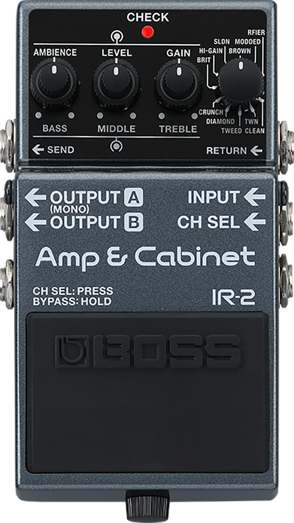 The image shows a Boss IR-2 Amp & Cabinet guitar effects pedal. This compact stompbox simulates guitar amps and speaker cabinets, featuring Ambience, Level, Gain, and EQ knobs, amp character switches, input/output jacks, and an effects loop. It has a red CHECK LED and a large footswitch, offering versatile amp tones for recording, practice, or live use without needing a physical amp.