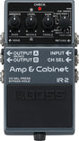 The image shows a Boss IR-2 Amp & Cabinet guitar effects pedal. This compact stompbox simulates guitar amps and speaker cabinets, featuring Ambience, Level, Gain, and EQ knobs, amp character switches, input/output jacks, and an effects loop. It has a red CHECK LED and a large footswitch, offering versatile amp tones for recording, practice, or live use without needing a physical amp.