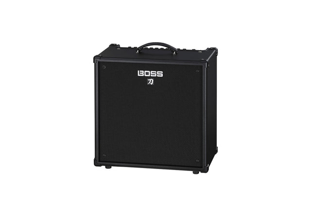 The image shows a black, cube-shaped BOSS guitar combo amplifier with a prominent "BOSS" logo on the front grille. It has a carrying handle on top, control knobs along the upper edge, corner protectors, and a black mesh speaker grille. Known for sturdy construction, this amplifier is popular among guitarists for practice, recording, and small performances. BOSS is trusted for quality guitar effects and amplification equipment.