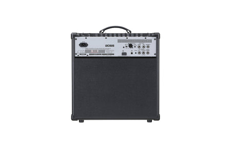 The image shows the back panel of a BOSS combo guitar amplifier with a black textured exterior and silver/gray control panel. It features the BOSS logo, multiple input/output jacks for power (AC IN), effects loops, and control connections. This solid-state amp combines compact design and reliability, suitable for practice, small venues, or studio use.