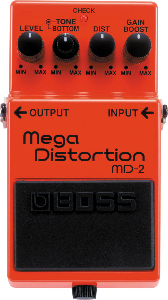 The image shows a Boss MD-2 Mega Distortion guitar effects pedal in orange/red with four knobs: LEVEL (output volume), TONE (tone adjustment), DIST (distortion amount), and GAIN BOOST (extra gain). It has MIN/MAX markings, a red CHECK LED when active, input/output jacks on the sides, and a large footswitch with the Boss logo. This compact stompbox is popular for heavy distortion in rock and metal music.