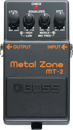 The image shows a BOSS Metal Zone MT-2 guitar effects pedal, a classic distortion/overdrive unit popular in rock and metal. It features control knobs for Level (output volume), Dist (distortion amount), and a 3-band EQ with High/Low (-15 to +15) and Mid frequency (200Hz–5kHz). A red "CHECK" LED indicates activation. The pedal has 1/4" input/output jacks and the BOSS logo, known for heavy distortion and tone shaping.