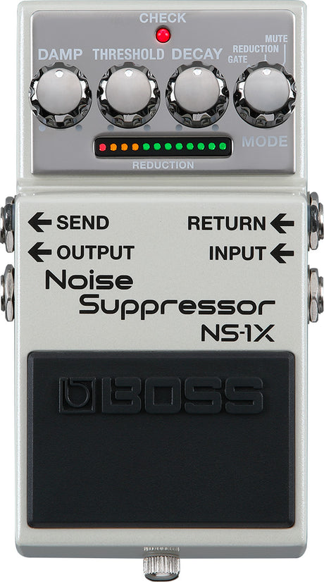The image shows a BOSS NS-1X Noise Suppressor guitar pedal with four control knobs (DAMP, THRESHOLD, DECAY, REDUCTION/GATE), LED indicators for noise reduction levels, and a mode section. It features INPUT, RETURN, SEND, and OUTPUT jacks for effects loop setup. The pedal has the classic compact BOSS design with a silver housing, black footswitch, and embossed logo, used to reduce unwanted noise while preserving tone.