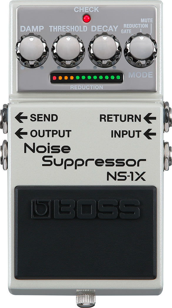 The image shows a BOSS NS-1X Noise Suppressor guitar pedal with four control knobs (DAMP, THRESHOLD, DECAY, REDUCTION/GATE), LED indicators for noise reduction levels, and a mode section. It features INPUT, RETURN, SEND, and OUTPUT jacks for effects loop setup. The pedal has the classic compact BOSS design with a silver housing, black footswitch, and embossed logo, used to reduce unwanted noise while preserving tone.