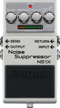 The image shows a BOSS NS-1X Noise Suppressor guitar pedal with four control knobs (DAMP, THRESHOLD, DECAY, REDUCTION/GATE), LED indicators for noise reduction levels, and a mode section. It features INPUT, RETURN, SEND, and OUTPUT jacks for effects loop setup. The pedal has the classic compact BOSS design with a silver housing, black footswitch, and embossed logo, used to reduce unwanted noise while preserving tone.