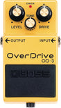 The image shows a BOSS OverDrive OD-3 guitar effects pedal with three knobs: LEVEL (output volume), TONE (tone control), and DRIVE (overdrive amount). It features a red CHECK LED, input jack on the right, output jack on the left, and a bright yellow/orange metal housing with the BOSS logo. The pedal produces warm, natural overdrive tones and is widely used for reliable distortion effects.