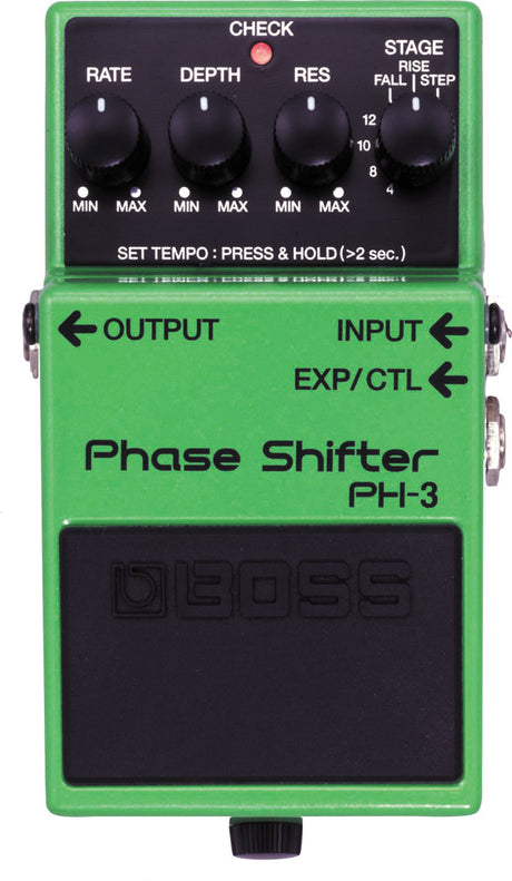 The image shows a BOSS PH-3 Phase Shifter guitar effects pedal, a classic green compact unit with four knobs (RATE, DEPTH, RES, STAGE) for controlling phasing effects. It features an LED indicator, three jacks (OUTPUT, INPUT, EXP/CTL), tempo setting via footswitch, and durable metal housing. The pedal produces swooshing phaser sounds, popular for adding texture in rock, funk, and psychedelic music.