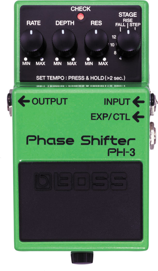 The image shows a BOSS PH-3 Phase Shifter guitar effects pedal, a classic green compact unit with four knobs (RATE, DEPTH, RES, STAGE) for controlling phasing effects. It features an LED indicator, three jacks (OUTPUT, INPUT, EXP/CTL), tempo setting via footswitch, and durable metal housing. The pedal produces swooshing phaser sounds, popular for adding texture in rock, funk, and psychedelic music.