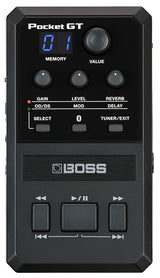The image shows a BOSS Pocket GT, a compact multi-effects processor and amp simulator for guitar. It features a digital display, control knobs for Gain, Level, Reverb, and Value, buttons for Overdrive/Distortion, Modulation, Delay, Memory, Select, Bluetooth, Tuner/Exit, and transport controls. The device is portable, offering versatile guitar tones and effects for practice, recording, or live use.