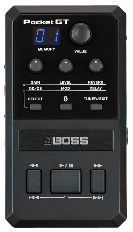 The image shows a BOSS Pocket GT, a compact multi-effects processor and amp simulator for guitar. It features a digital display, control knobs for Gain, Level, Reverb, and Value, buttons for Overdrive/Distortion, Modulation, Delay, Memory, Select, Bluetooth, Tuner/Exit, and transport controls. The device is portable, offering versatile guitar tones and effects for practice, recording, or live use.