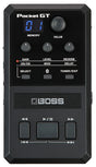 The image shows a BOSS Pocket GT, a compact multi-effects processor and amp simulator for guitar. It features a digital display, control knobs for Gain, Level, Reverb, and Value, buttons for Overdrive/Distortion, Modulation, Delay, Memory, Select, Bluetooth, Tuner/Exit, and transport controls. The device is portable, offering versatile guitar tones and effects for practice, recording, or live use.