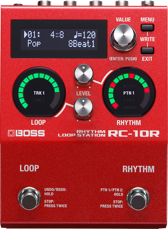 The image shows a red BOSS RC-10R Rhythm Loop Station, a digital music device for guitarists and musicians. It features a loop station (left) with green LEDs, a rhythm machine (right) with green/red LEDs, a digital display showing a pop 8Beat pattern at 120 BPM, control knobs and buttons, two footswitches, and multiple input/output jacks for recording loops with drum accompaniment during live performance.