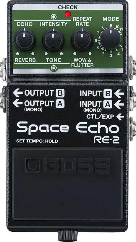 The image shows a BOSS Space Echo RE-2 guitar effects pedal, designed to recreate vintage tape delay and echo sounds. It features control knobs for Echo, Intensity, Repeat Rate, Mode (1-11), Reverb, Tone, and Wow & Flutter. The pedal includes multiple input/output jacks, stereo outputs, an expression pedal input, a check light, and tempo settings, popular for producing classic space echo effects.