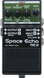 The image shows a BOSS Space Echo RE-2 guitar effects pedal, designed to recreate vintage tape delay and echo sounds. It features control knobs for Echo, Intensity, Repeat Rate, Mode (1-11), Reverb, Tone, and Wow & Flutter. The pedal includes multiple input/output jacks, stereo outputs, an expression pedal input, a check light, and tempo settings, popular for producing classic space echo effects.