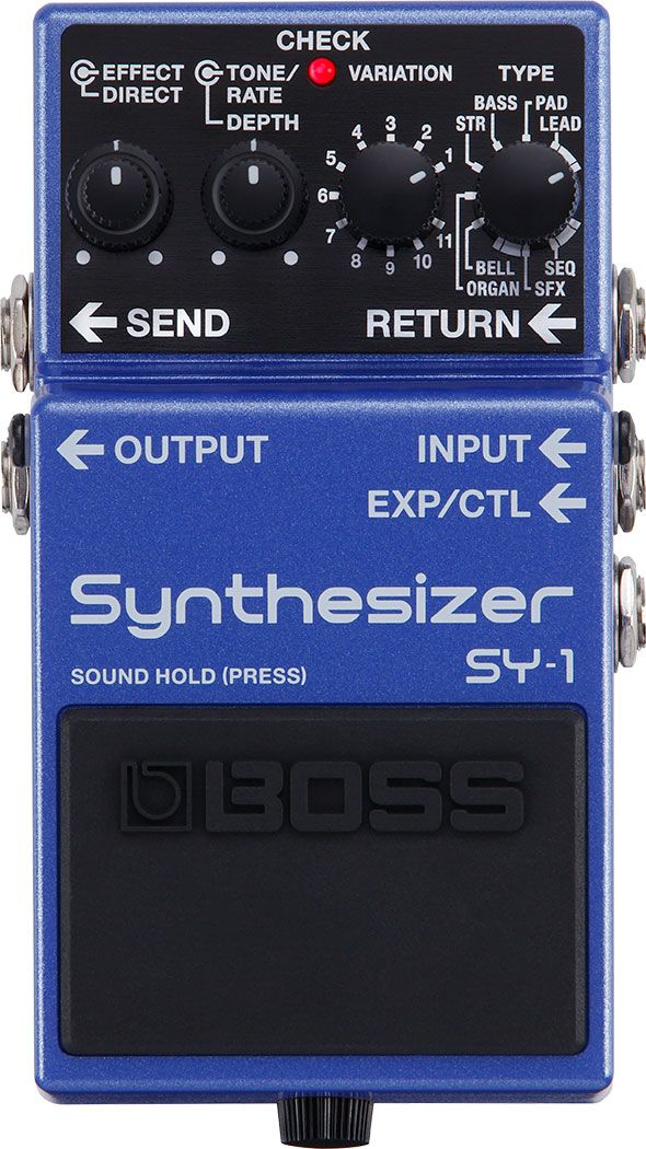 The image shows a Boss SY-1 Synthesizer guitar effects pedal in compact blue Boss format. It features knobs for Effect/Direct blend, Tone/Rate, Depth, a 1-10 variation selector, and a type selector with Bass, Pad, Lead, Strings, Bell, Organ, and SFX options. Connectivity includes Input/Output, Send/Return, and EXP/CTL jacks. This pedal adds classic synth sounds to guitar or bass without needing a synthesizer.