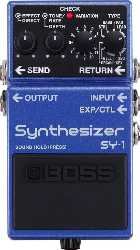 The image shows a Boss SY-1 Synthesizer guitar effects pedal in compact blue Boss format. It features knobs for Effect/Direct blend, Tone/Rate, Depth, a 1-10 variation selector, and a type selector with Bass, Pad, Lead, Strings, Bell, Organ, and SFX options. Connectivity includes Input/Output, Send/Return, and EXP/CTL jacks. This pedal adds classic synth sounds to guitar or bass without needing a synthesizer.
