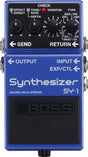The image shows a Boss SY-1 Synthesizer guitar effects pedal in compact blue Boss format. It features knobs for Effect/Direct blend, Tone/Rate, Depth, a 1-10 variation selector, and a type selector with Bass, Pad, Lead, Strings, Bell, Organ, and SFX options. Connectivity includes Input/Output, Send/Return, and EXP/CTL jacks. This pedal adds classic synth sounds to guitar or bass without needing a synthesizer.