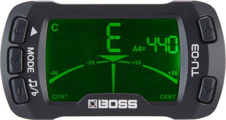 The image shows a BOSS TU-3 chromatic tuner with a green LCD displaying the note "E," reference pitch "A4=440," and a needle tuning meter marked from -50 to +50 cents. It features control buttons including MODE, power, and navigation arrows. This professional-grade tuner is popular among guitarists and bassists for accurate tuning and can be used on a pedalboard or desktop.