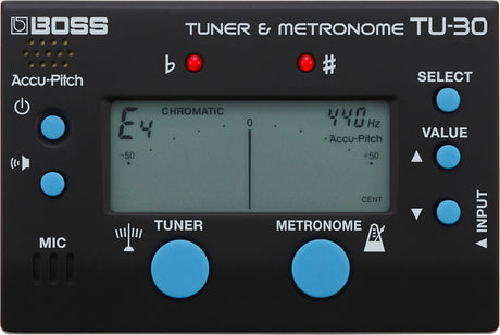 The image shows a BOSS TU-30 Tuner & Metronome featuring a digital LCD displaying "E4" at 440 Hz in chromatic mode. It includes Accu-Pitch tuning with a meter from -50 to +50 cents, dual tuner and metronome functions, blue control buttons, red flat and sharp indicators, a built-in mic for acoustic tuning, and an input jack for electric instruments. This device aids musicians in precise tuning and timing.
