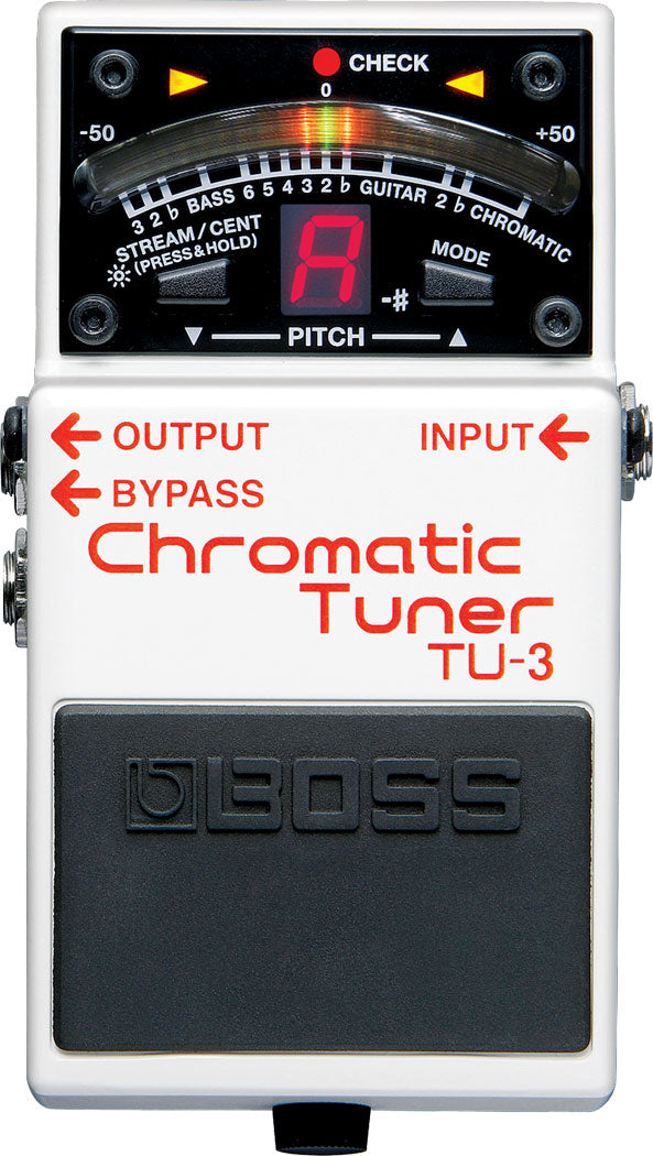 The image shows a Boss TU-3 Chromatic Tuner pedal with a red LED display reading "A" and a curved tuning meter from -50 to +50 cents. It features mode options for Chromatic, Guitar, and Bass tuning, a Stream/Cent setting, and a bypass switch. The pedal has a classic white/silver metal body with the "boss" logo on the footswitch, input/output jacks with arrows, and four screws on the display panel.