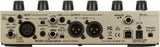 The image shows the back panel of a BOSS Corporation multi-channel audio interface or preamp. It features XLR mic input, 1/4" guitar input, mic sensitivity control, phantom power switch, and AUX input. Outputs include XLR and 1/4" line outs, headphone jack, ground lift, and phase switches. Additional controls include six knobs, memory buttons, USB port, DC power input, on/off switch, serial number, and FCC/CE marks.