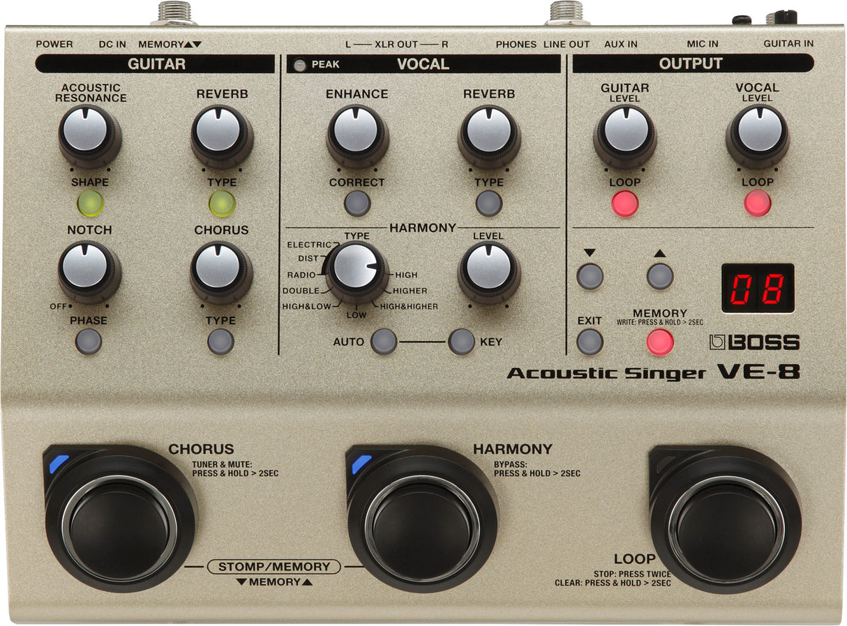 The image shows a BOSS Acoustic Singer VE-8 multi-effects processor designed for acoustic guitarists and vocalists. It features guitar effects like Acoustic Resonance, Reverb, Notch filter, and Chorus, plus vocal controls including Enhance, Reverb, Harmony generator with multiple voice types, and Auto/Key settings. The unit has separate guitar and vocal levels, looping functions, a digital display, memory storage, and three footswitches for Chorus, Harmony, and Loop.