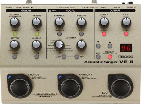 The image shows a BOSS Acoustic Singer VE-8 multi-effects processor designed for acoustic guitarists and vocalists. It features guitar effects like Acoustic Resonance, Reverb, Notch filter, and Chorus, plus vocal controls including Enhance, Reverb, Harmony generator with multiple voice types, and Auto/Key settings. The unit has separate guitar and vocal levels, looping functions, a digital display, memory storage, and three footswitches for Chorus, Harmony, and Loop.