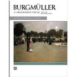 The image shows a piano sheet music book titled "BURGMÜLLER - 25 Progressive Pieces, Opus 100," edited by Willard A. Palmer and published by Alfred Music. The cover features a 19th-century romantic evening scene in a European garden with figures strolling under moonlight. This Masterwork Edition presents Burgmüller’s classic intermediate piano studies with educational annotations for students and teachers.