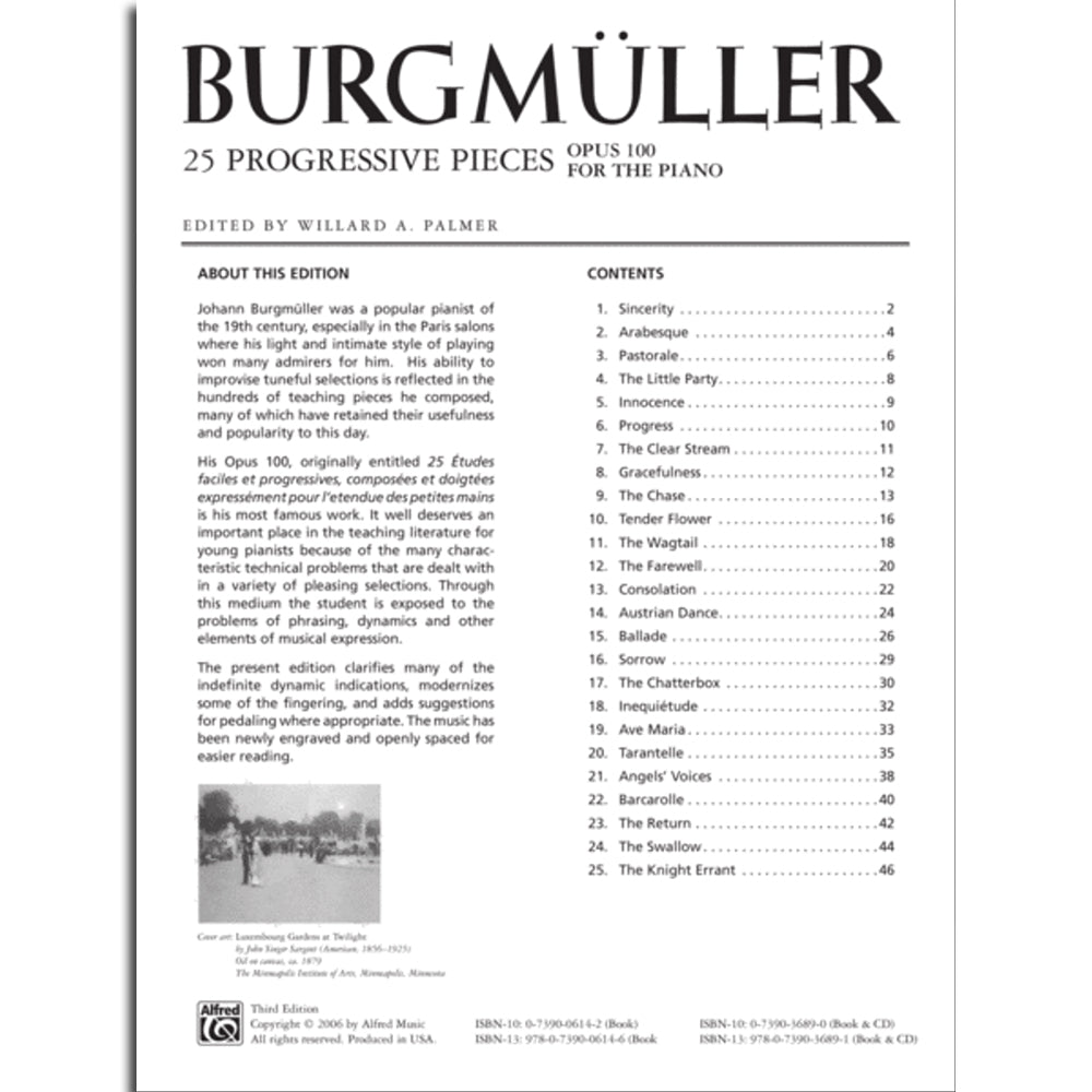 The image shows a sheet music book titled "BURGMÜLLER 25 Progressive Pieces Opus 100 For The Piano," edited by Willard A. Palmer and published by Alfred Music. The open page displays a table of contents listing all 25 pieces and a biography of Johann Burgmüller, highlighting his 19th-century piano style. There is also a small vintage photo, illustrating this classic pedagogical piano collection.