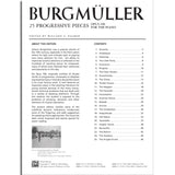 The image shows a sheet music book titled "BURGMÜLLER 25 Progressive Pieces Opus 100 For The Piano," edited by Willard A. Palmer and published by Alfred Music. The open page displays a table of contents listing all 25 pieces and a biography of Johann Burgmüller, highlighting his 19th-century piano style. There is also a small vintage photo, illustrating this classic pedagogical piano collection.