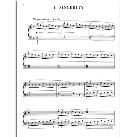 The image shows page 2 of a piano sheet music piece titled "1. SINCERITY," marked Allegro moderato (♩ = 152). It features a grand staff with treble and bass clefs, dynamic markings (p, mf), the expression "dolce," fingering numbers, slurs, varied note patterns, and sustained bass chords. The music appears classical or pedagogical, likely from a character piece or etude collection.