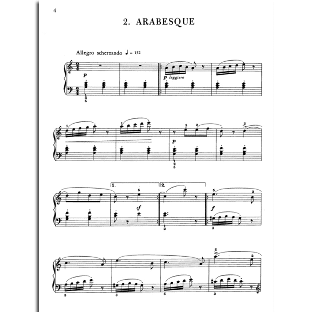 The image shows a page of sheet music titled "2. ARABESQUE," written in 3/4 time on a grand staff. It features an Allegro scherzando tempo (quarter note = 152), dynamic markings like piano and forte, and flowing melodic lines with arpeggios and ornamental figures. The page includes repeat signs and first and second endings, suggesting a lyrical, dance-like classical or romantic piano piece.