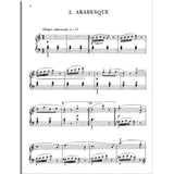 The image shows a page of sheet music titled "2. ARABESQUE," written in 3/4 time on a grand staff. It features an Allegro scherzando tempo (quarter note = 152), dynamic markings like piano and forte, and flowing melodic lines with arpeggios and ornamental figures. The page includes repeat signs and first and second endings, suggesting a lyrical, dance-like classical or romantic piano piece.