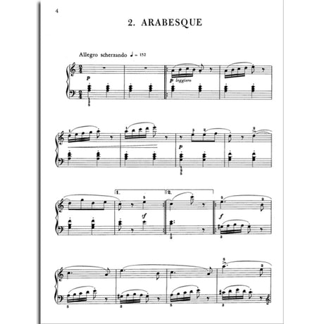 The image shows a page of sheet music titled "2. ARABESQUE," written in 3/4 time on a grand staff. It features an Allegro scherzando tempo (quarter note = 152), dynamic markings like piano and forte, and flowing melodic lines with arpeggios and ornamental figures. The page includes repeat signs and first and second endings, suggesting a lyrical, dance-like classical or romantic piano piece.