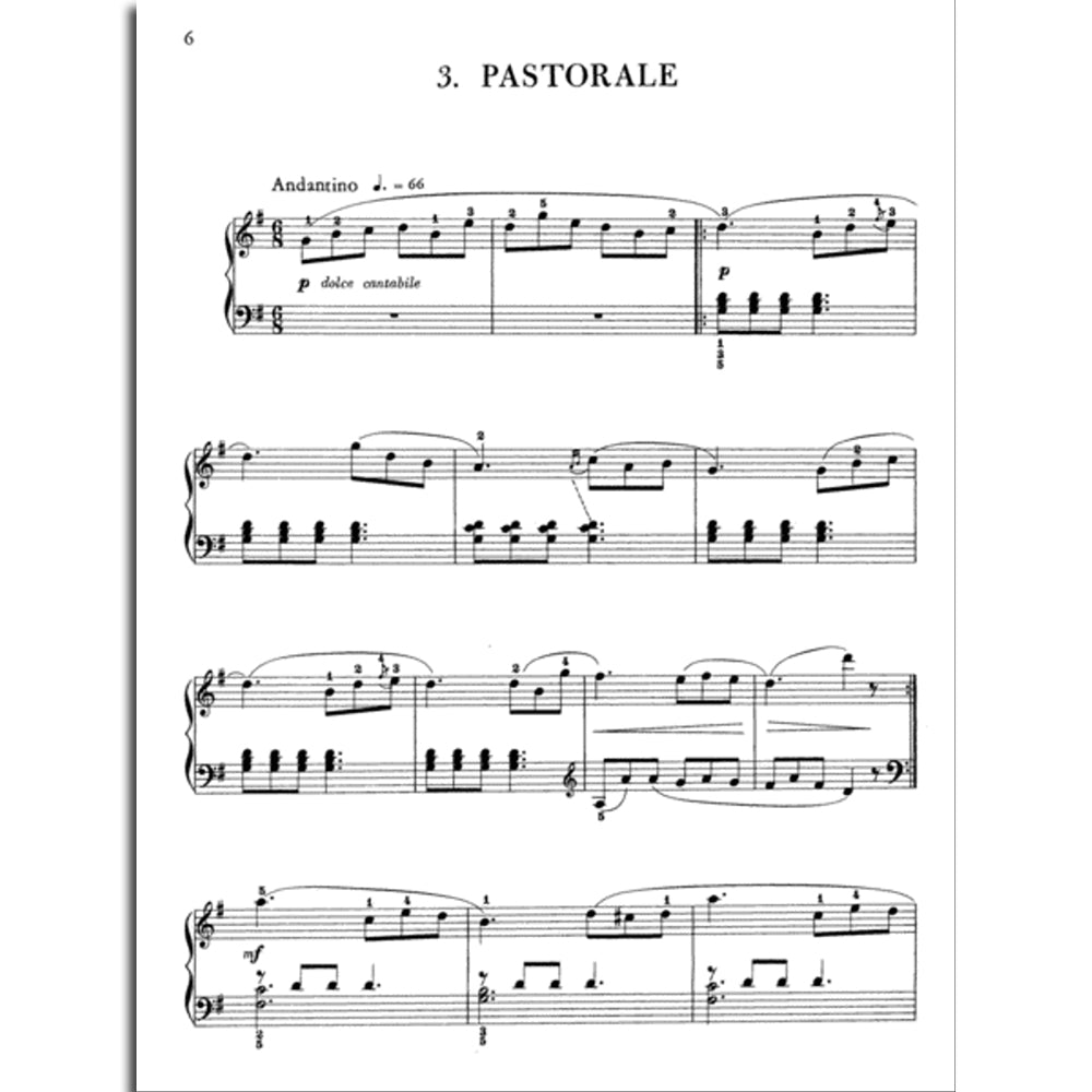 The image shows a page of piano sheet music titled "3. PASTORALE," marked Andantino ♩=66 in 6/8 time. It features a grand staff with dynamic markings like "p dolce cantabile" and "mf," flowing melodic lines, chordal accompaniment, slurs, and a possible key change. The piece has a lyrical, pastoral character typical of Romantic-era music and spans four systems, appearing as page 6 of a larger work.