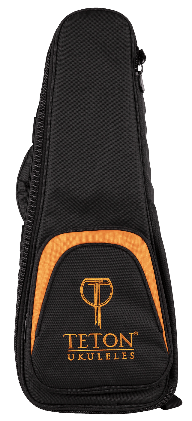 The image shows a Teton Music ukulele gig bag in black with orange trim. It features a padded, soft-sided design with a zippered closure and a front pocket displaying the "TETON UKULELES" logo. The bag has a teardrop shape tailored for a ukulele, providing lightweight protection and convenient storage for transporting the instrument.