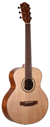 The image shows an acoustic guitar with a natural light wood top and darker wood back and sides. It has six tuning pegs, fret markers along the neck, a decorative rosette around the sound hole, and a wooden bridge. The headstock features a brand logo. The guitar’s classic body shape and finish suggest a quality instrument suitable for beginners to intermediate players, fitting various musical styles.